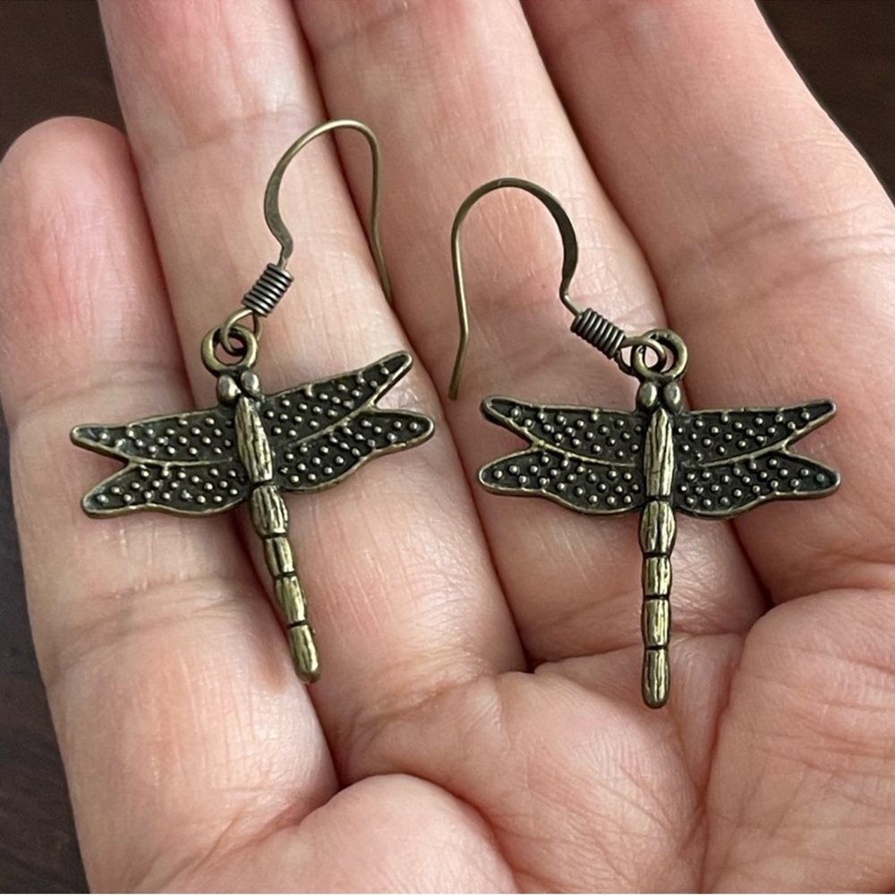 Bronze dragonfly drop earrings - Artisan made